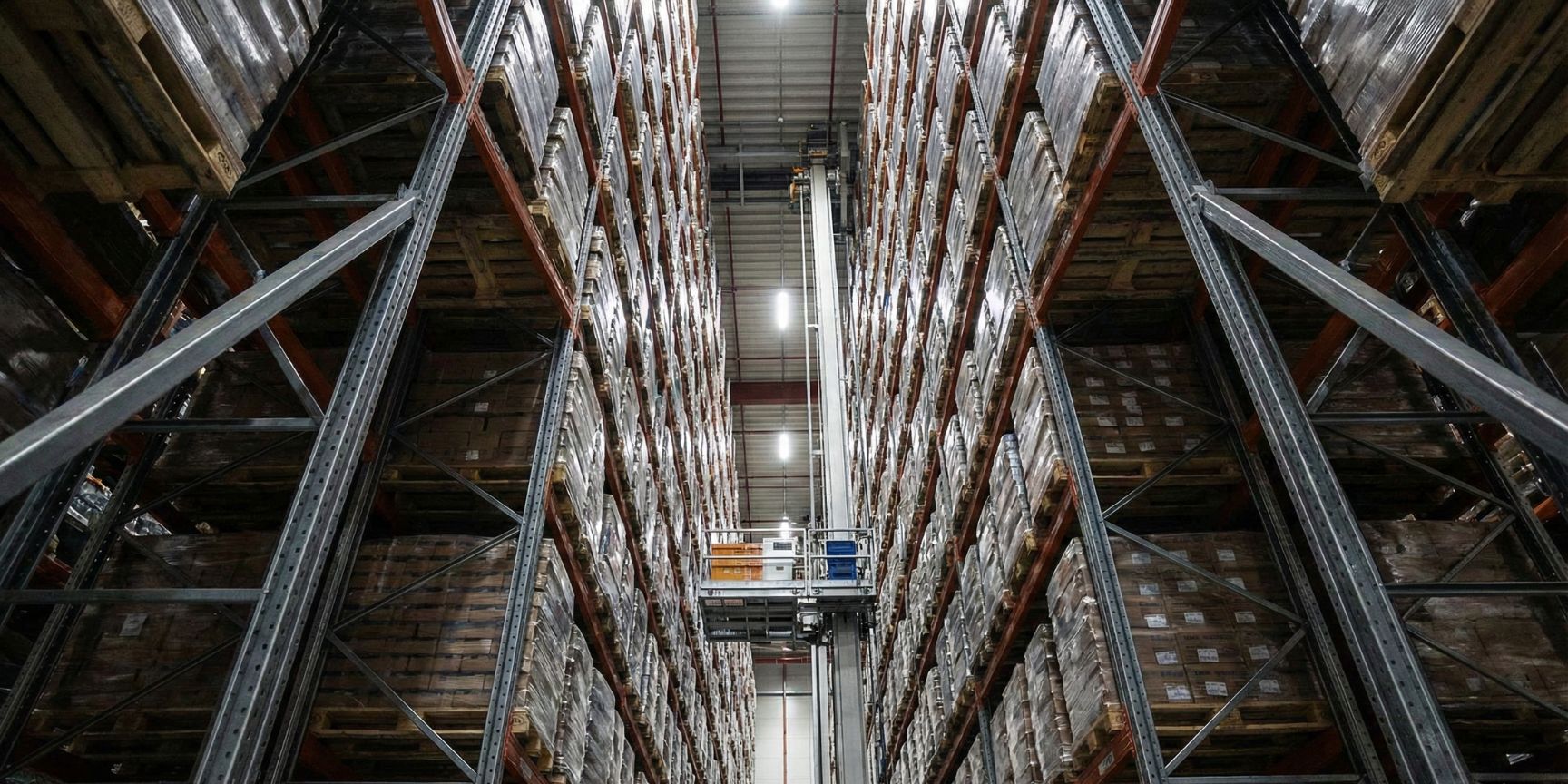 Blick aus der Froschperspektive in eine Gasse eines vollautomatischen Hochregallagers mit extrem hohen, palettengefüllten Regalen und einem Regalbediengerät, was die hohe Volumennutzung durch eine hohe Baumassenzahl demonstriert